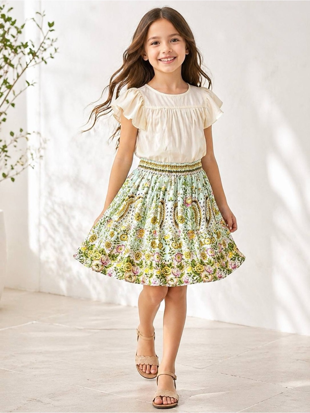 A Loves A Girls Ivory Multi Floral Paisley Print Cotton Skirt Size M 9-10 NWT